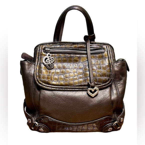 Vintage Brighton Brown Pewter Croc Embossed Leather Backpack Purse - Picture 1 of 14